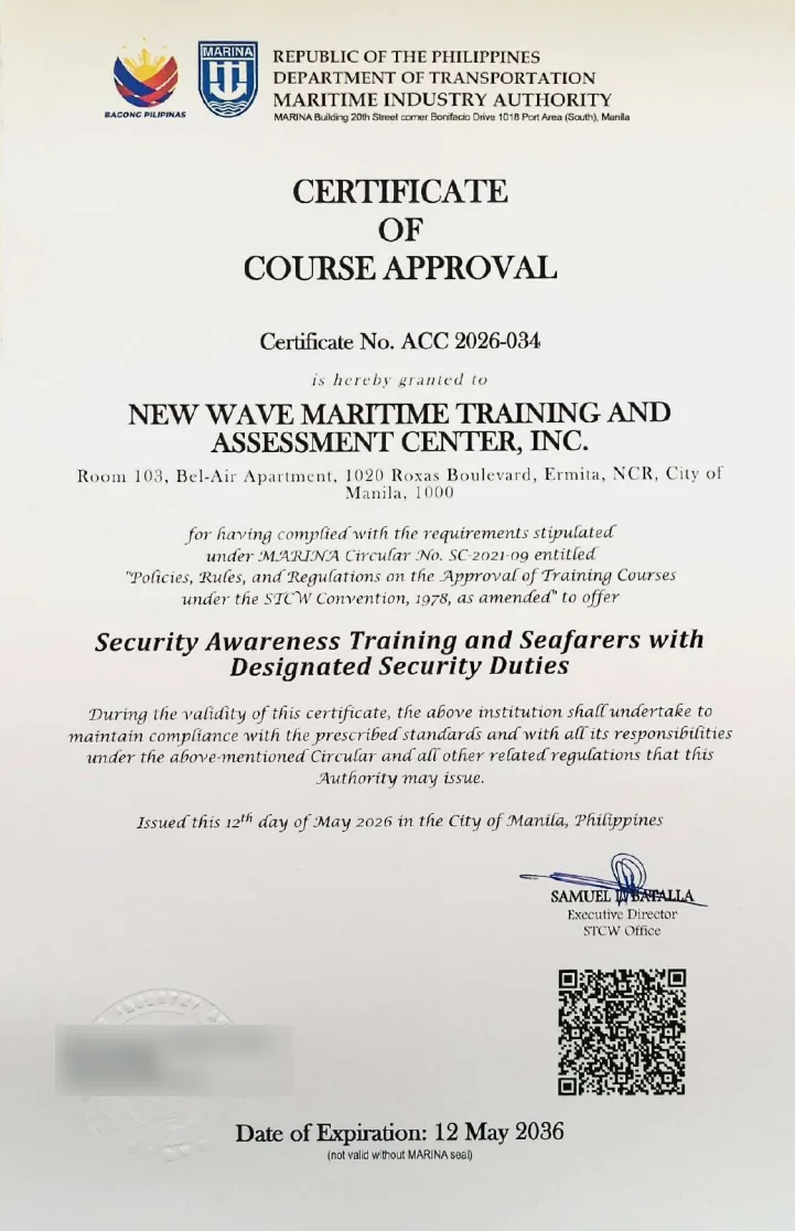 MARINA Certificate of Course Approval ACC 2026-034 for Security Awareness Training and Seafarers with Designated Security Duties