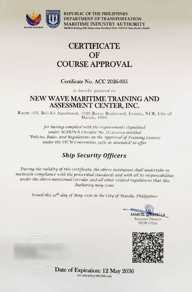 MARINA Certificate of Course Approval ACC 2026-035 for Ship Security Officers