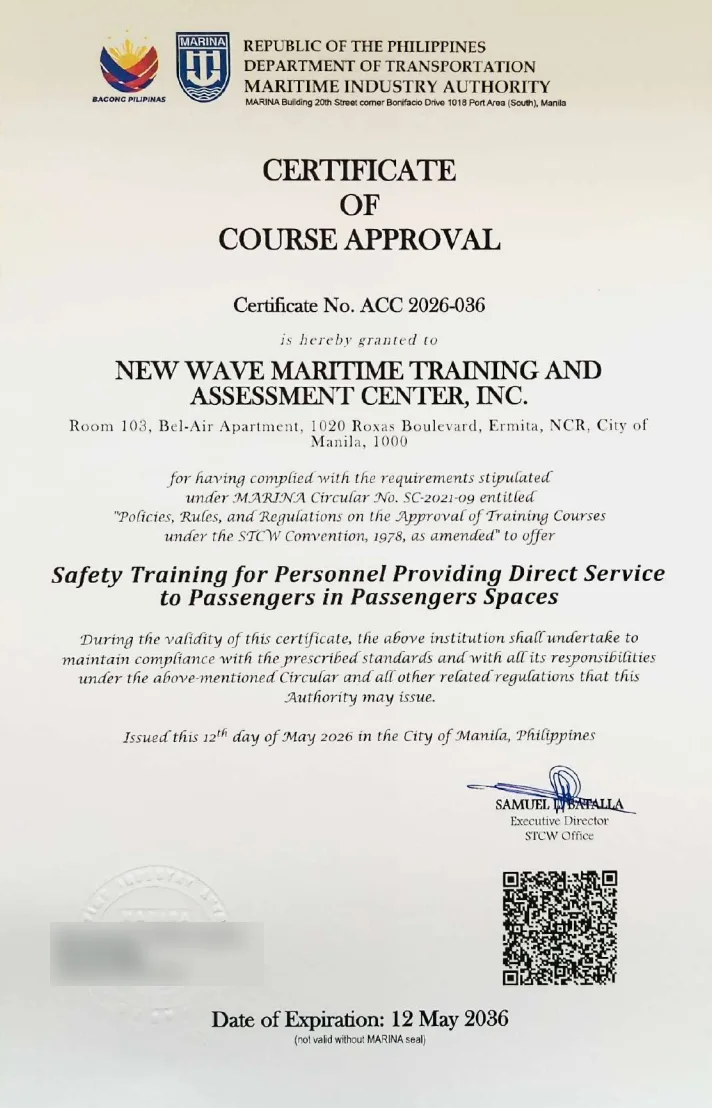 MARINA Certificate of Course Approval ACC 2026-036 for Safety Training for Personnel Providing Direct Service to Passengers in Passengers Spaces