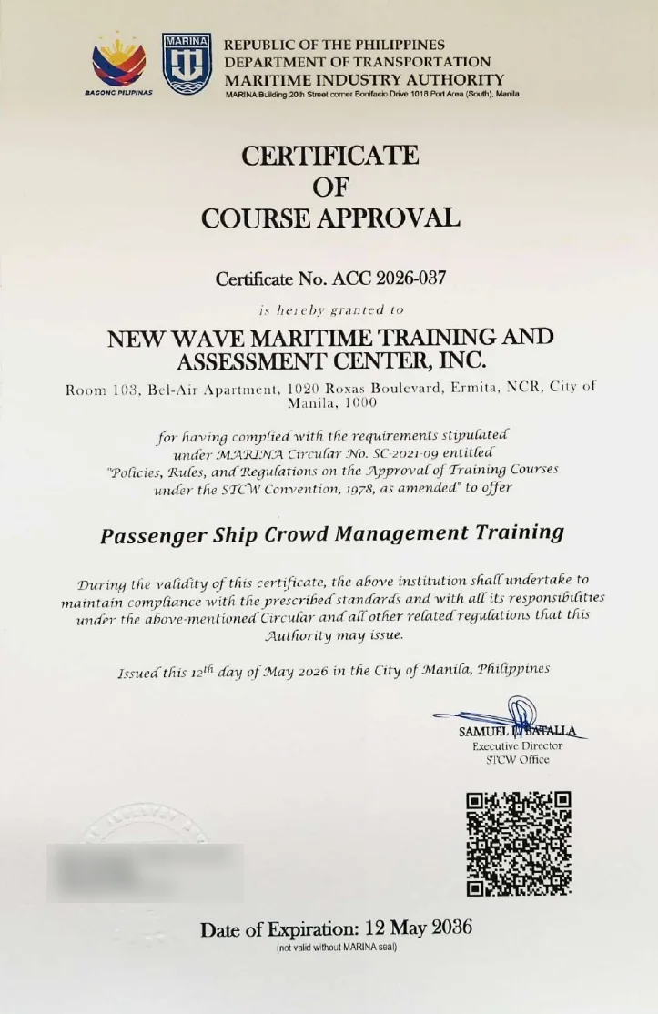 MARINA Certificate of Course Approval ACC 2026-037 for Passenger Ship Crowd Management Training