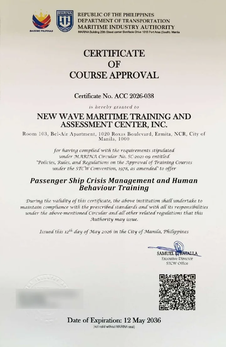 MARINA Certificate of Course Approval ACC 2026-038 for Passenger Ship Crisis Management and Human Behaviour Training